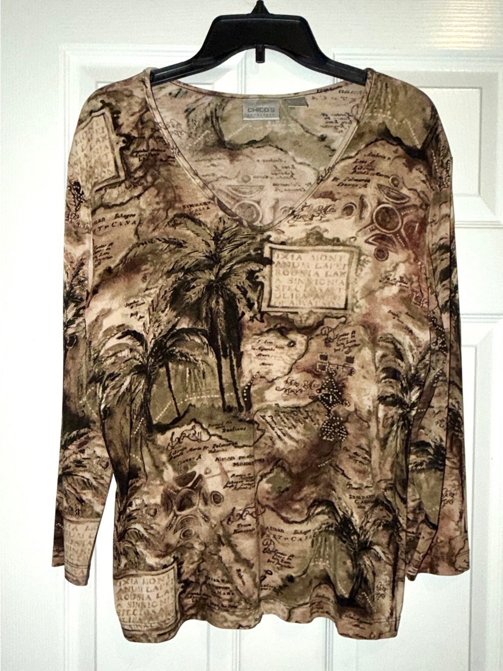 Chico's Palm & Map V-Neck Long Sleeve Top - Brown Multi